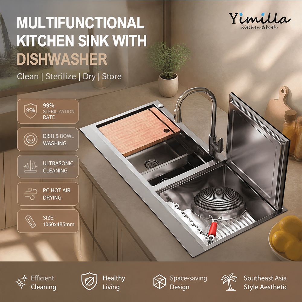 Ultrasonic Dishwasher Sink Integrated - 가정용 싱크대 식기세척기 일체형, 초음파 음식물